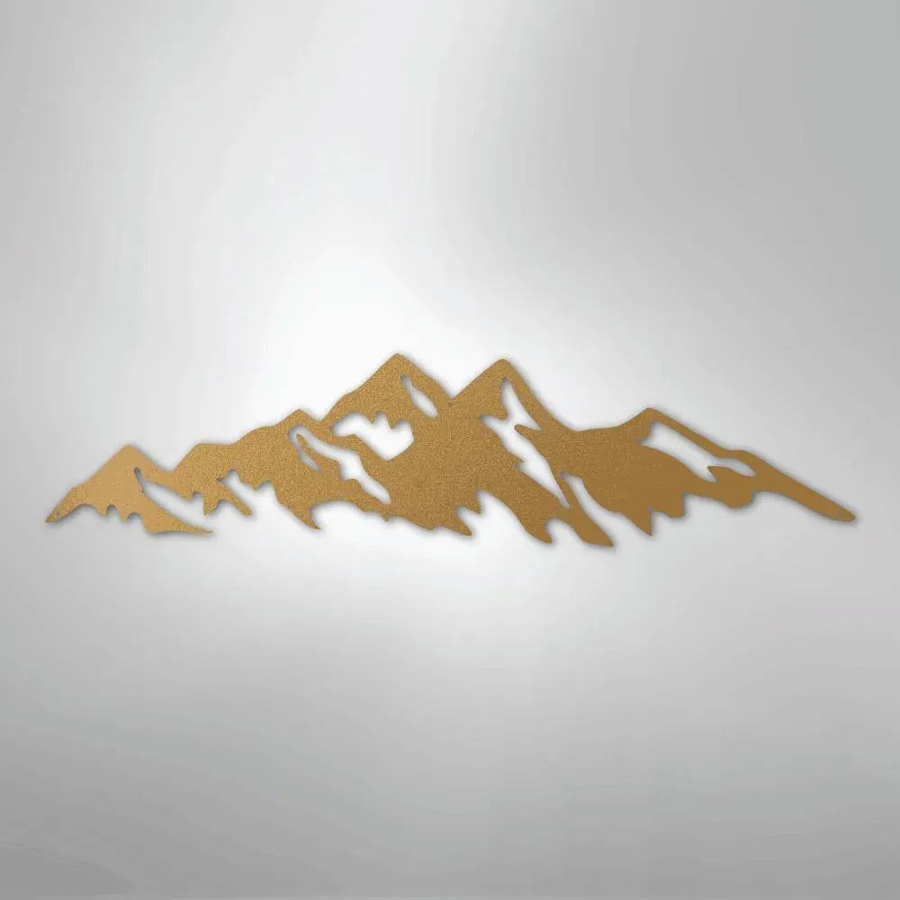 Gold powder-coated American steel mountain range metal wall art with jagged peaks.