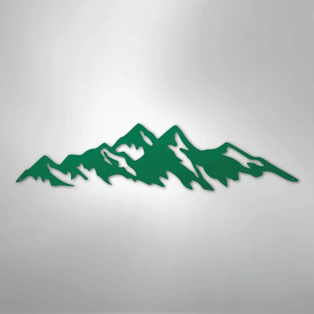 Green metal wall art depicting a mountain range silhouette, powder-coated for indoor/outdoor use.