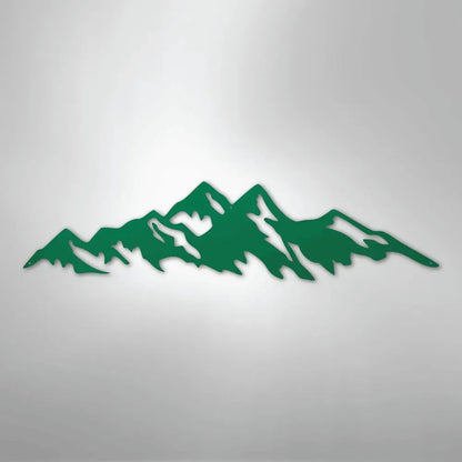Green metal wall art depicting a mountain range silhouette, powder-coated for indoor/outdoor use.