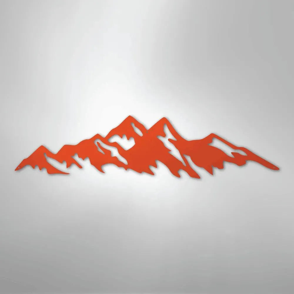 Orange powder-coated American steel mountain ridge metal wall art with a classic, rustic design.