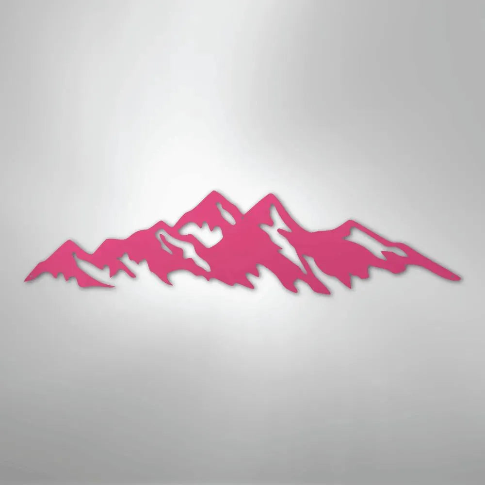 Pink powder-coated American steel mountain range metal wall art for indoor/outdoor decor.
