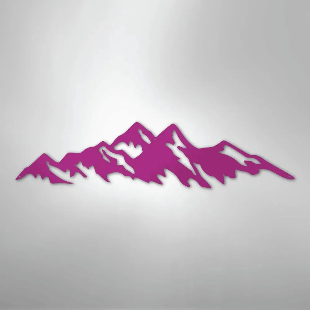Purple powder-coated metal wall art depicting a mountain range silhouette, suitable for indoor/outdoor decor.