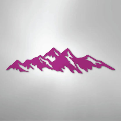 Purple powder-coated metal wall art depicting a mountain range silhouette, suitable for indoor/outdoor decor.
