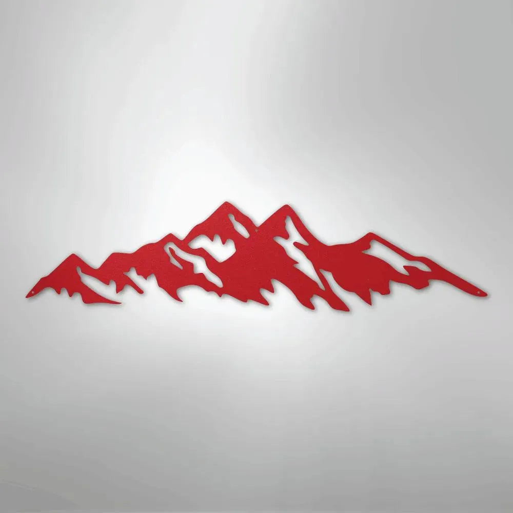 Red powder-coated American steel metal wall art depicting a mountain ridge silhouette.
