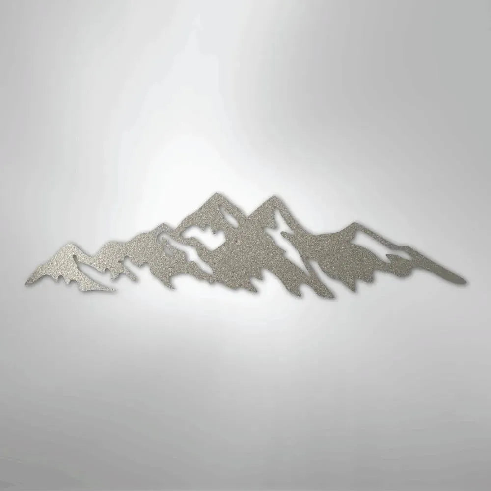 Silver powder-coated metal wall art depicting a mountain range silhouette, suitable for indoor/outdoor decor.