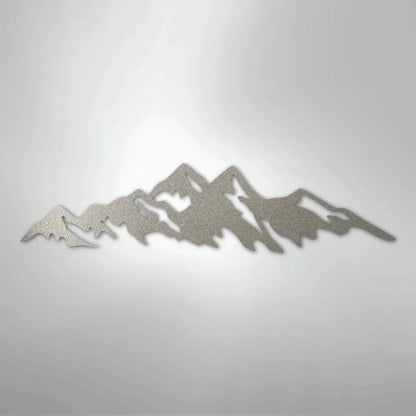 Silver powder-coated metal wall art depicting a mountain range silhouette, suitable for indoor/outdoor decor.