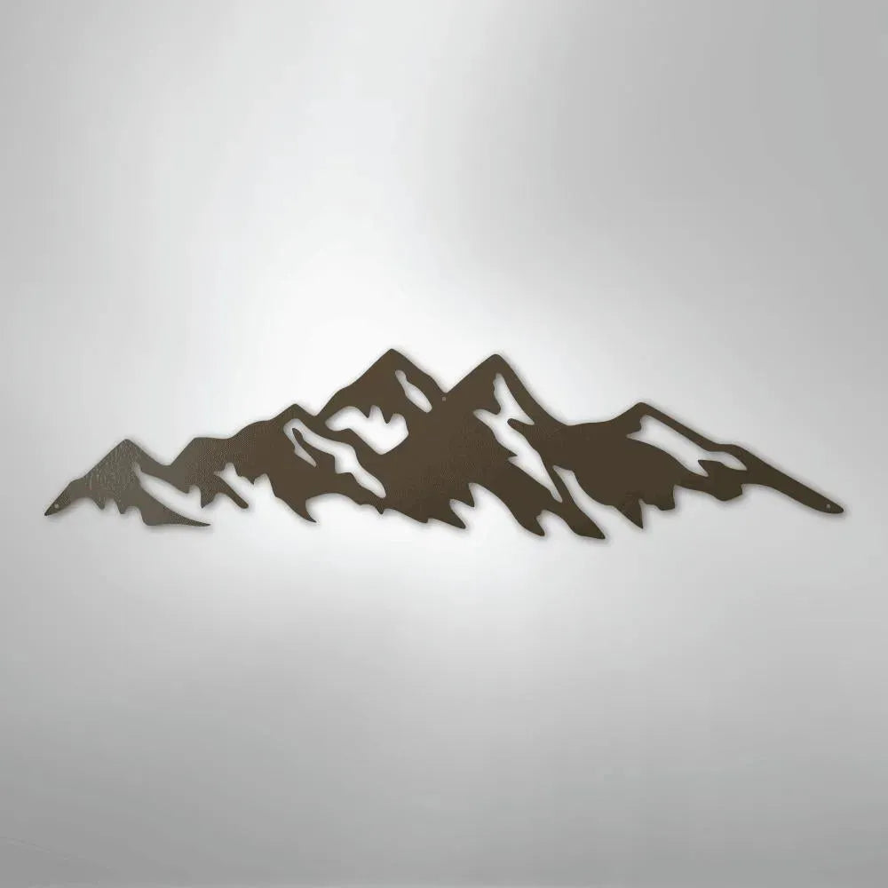 Brown powder-coated American steel metal wall art depicting a jagged mountain range silhouette.