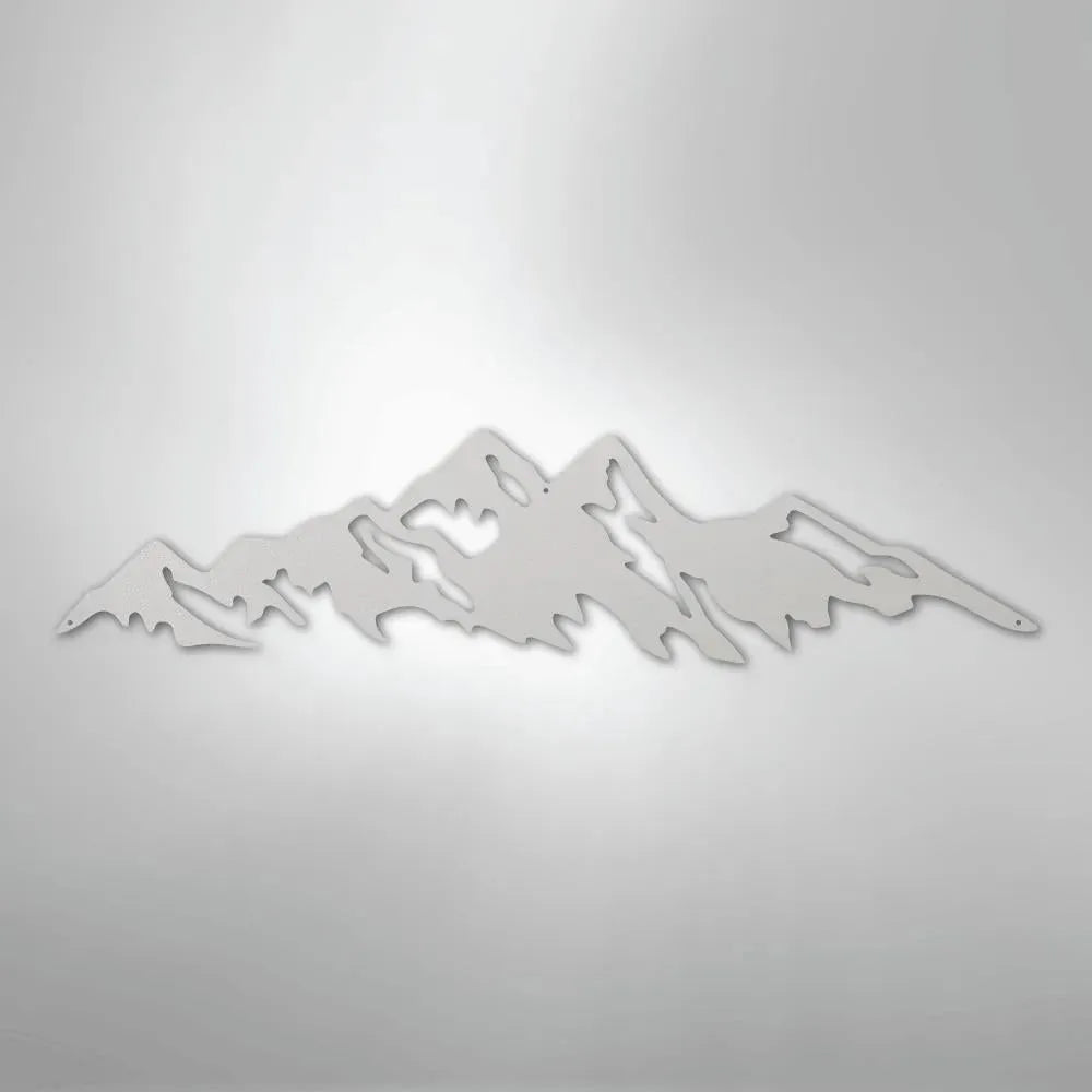 Silver powder-coated American steel mountain range metal wall art with a classic silhouette design.