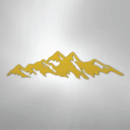 Gold powder-coated American steel metal wall art depicting a mountain range silhouette, suitable for indoor/outdoor decor.
