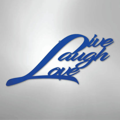 Blue metal "Live Laugh Love" script wall art decor with a powder-coated finish.