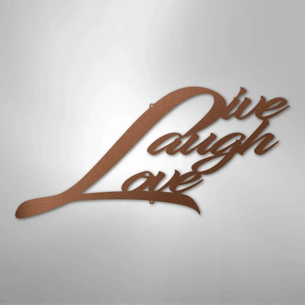 Copper-colored metal wall art spelling "Live Laugh Love" in elegant script, suitable for indoor or outdoor decor.
