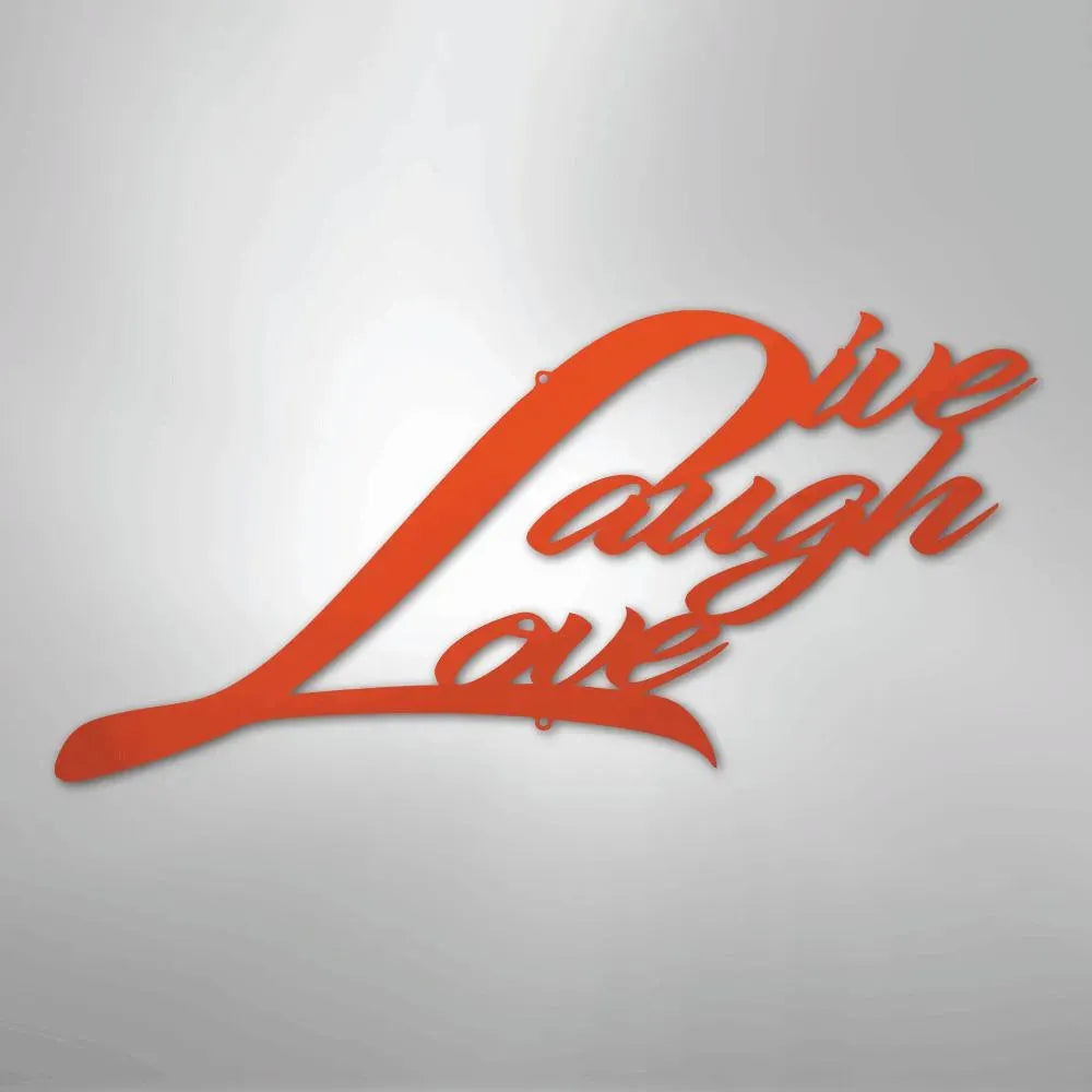 Orange metal "Live Laugh Love" wall art in a flowing script font, casting a shadow.