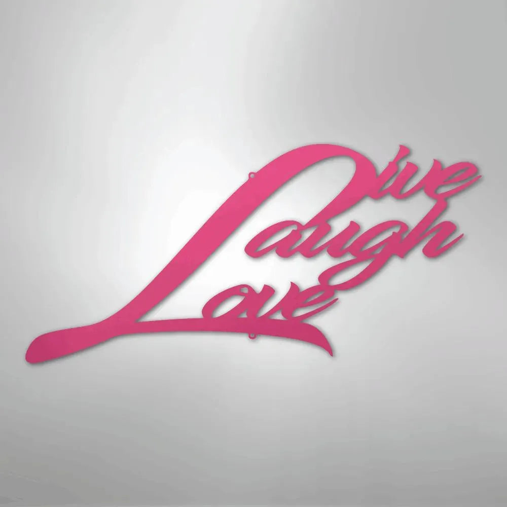 Pink metal "Live Laugh Love" script wall art with a flowing, elegant design.