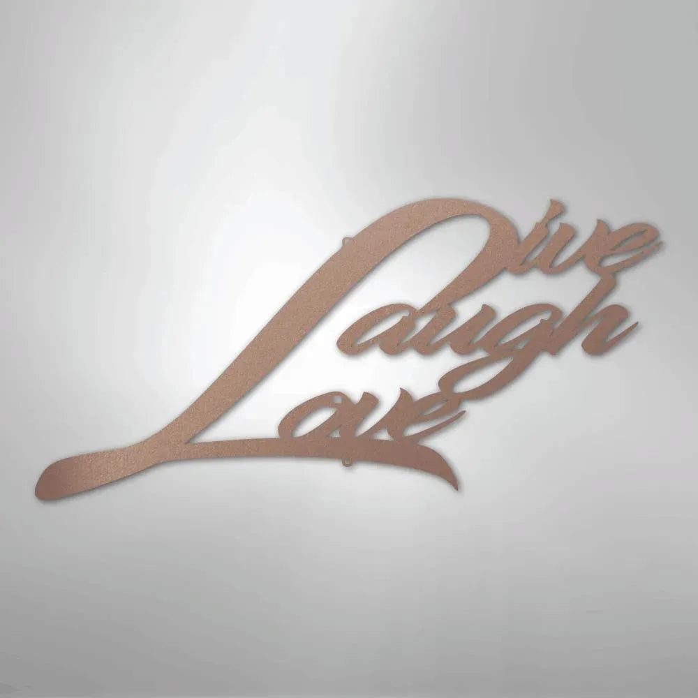 Rose gold metal wall art decor with "Live Laugh Love" in elegant script.