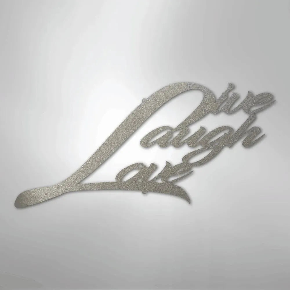 Silver metallic "Live Laugh Love" script metal wall art with a textured finish, casting a subtle shadow.