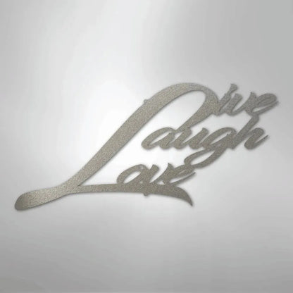 Silver metallic "Live Laugh Love" script metal wall art with a textured finish, casting a subtle shadow.