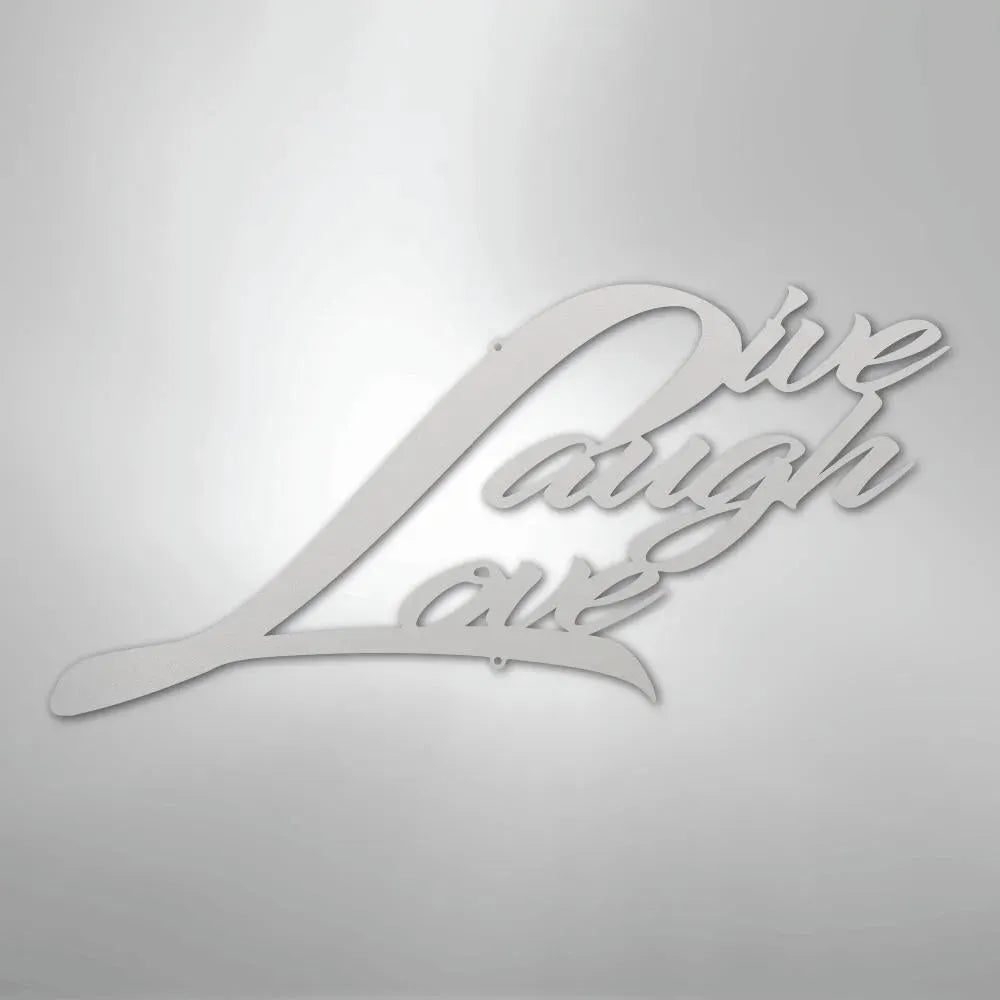 White metal wall art decor with "Live Laugh Love" in elegant script font.