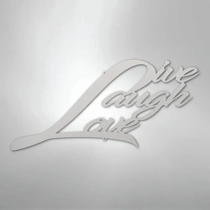 White metal wall art decor with "Live Laugh Love" in elegant script font.