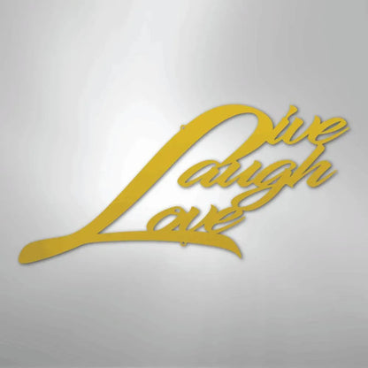 Gold metal wall art spelling "Live Laugh Love" in a flowing script, ideal for indoor or outdoor decor.
