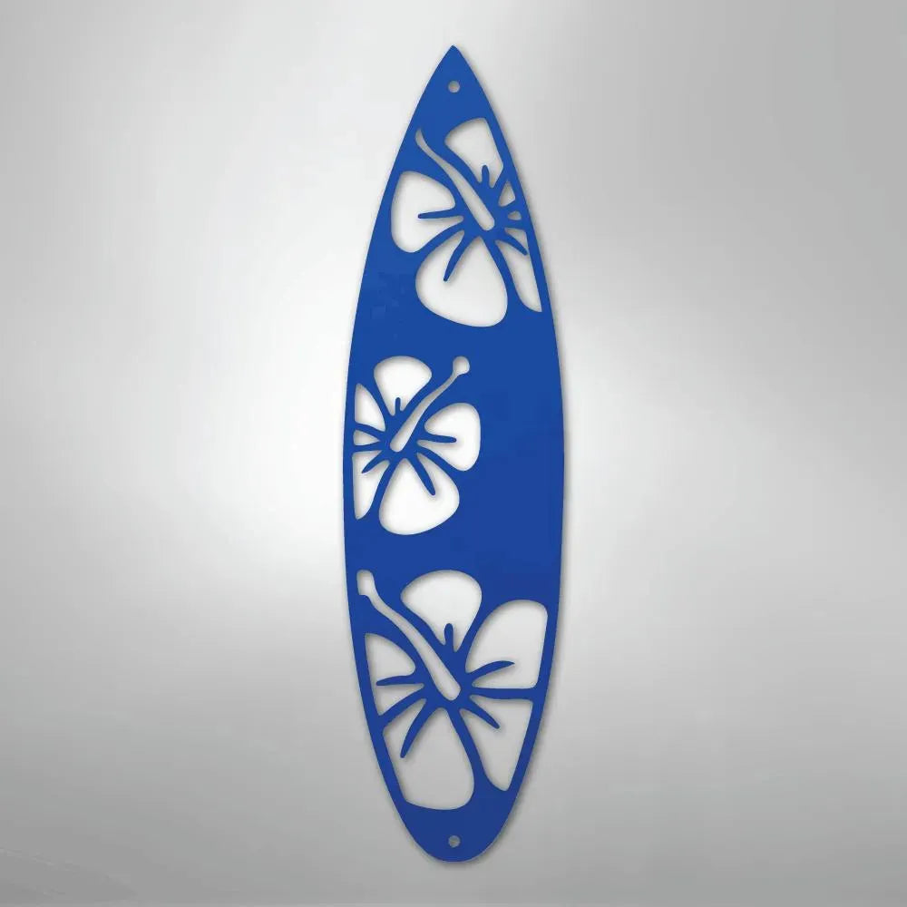 Blue metal surfboard wall art with three hibiscus flower cutouts, perfect for indoor/outdoor decor.