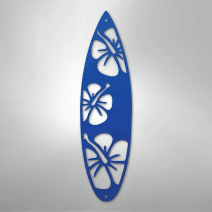 Blue metal surfboard wall art with three hibiscus flower cutouts, perfect for indoor/outdoor decor.