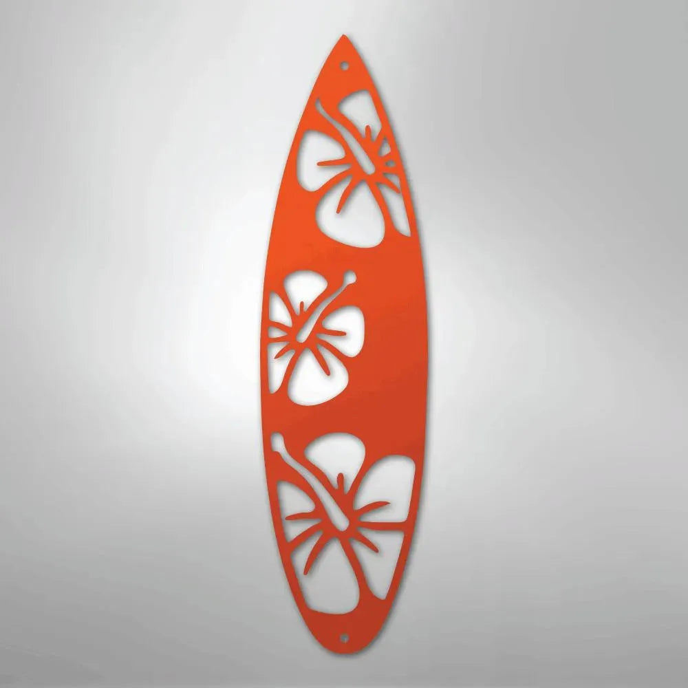 Orange metal surfboard wall art with hibiscus cutouts, perfect for indoor/outdoor decor.