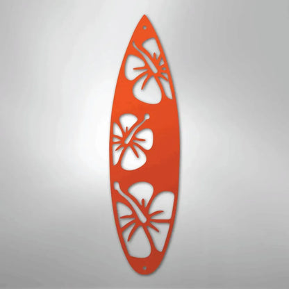 Orange metal surfboard wall art with hibiscus cutouts, perfect for indoor/outdoor decor.