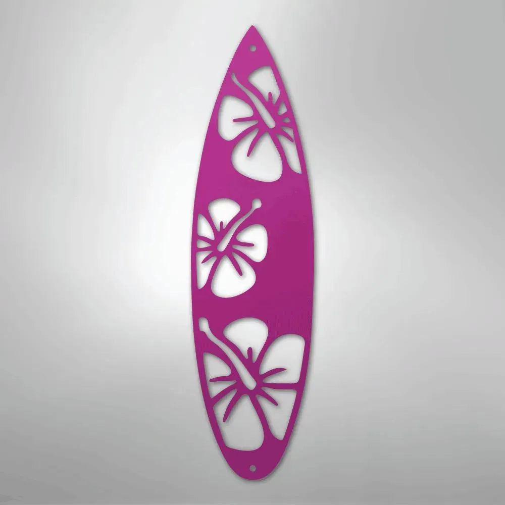 Pink metal surfboard wall art with hibiscus flower cutouts, powder-coated for indoor/outdoor decor.