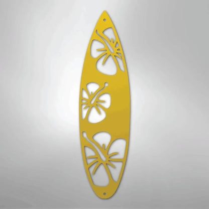 Yellow metal surfboard wall art with three hibiscus flower cutouts, perfect for indoor/outdoor decor.