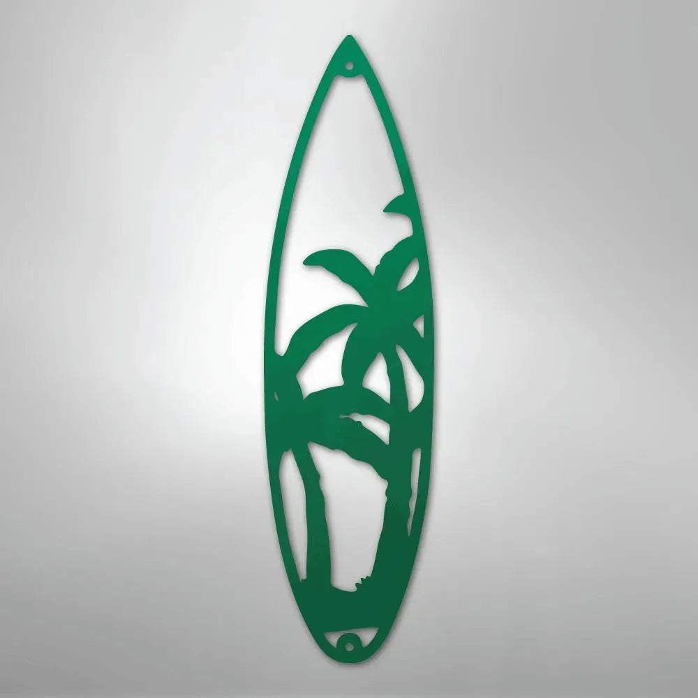 Green metal surfboard wall art with palm tree cutouts, powder-coated for indoor/outdoor decor.