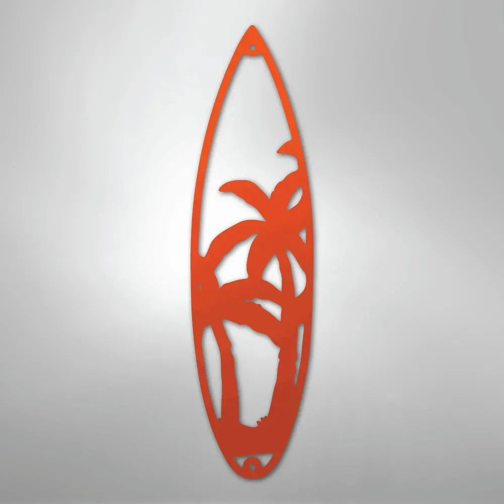Orange metal surfboard wall art with palm tree cutouts, powder-coated for indoor/outdoor decor.