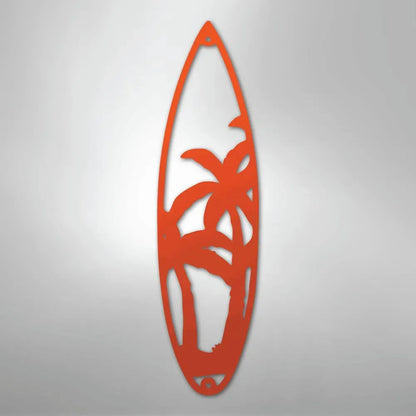 Orange metal surfboard wall art with palm tree cutouts, powder-coated for indoor/outdoor decor.