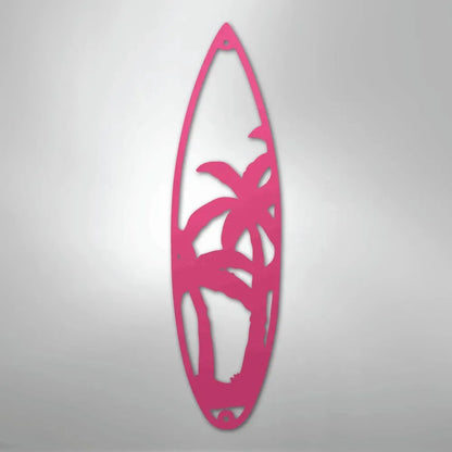 Pink metal surfboard wall art with palm tree cutouts, powder-coated for indoor/outdoor decor.