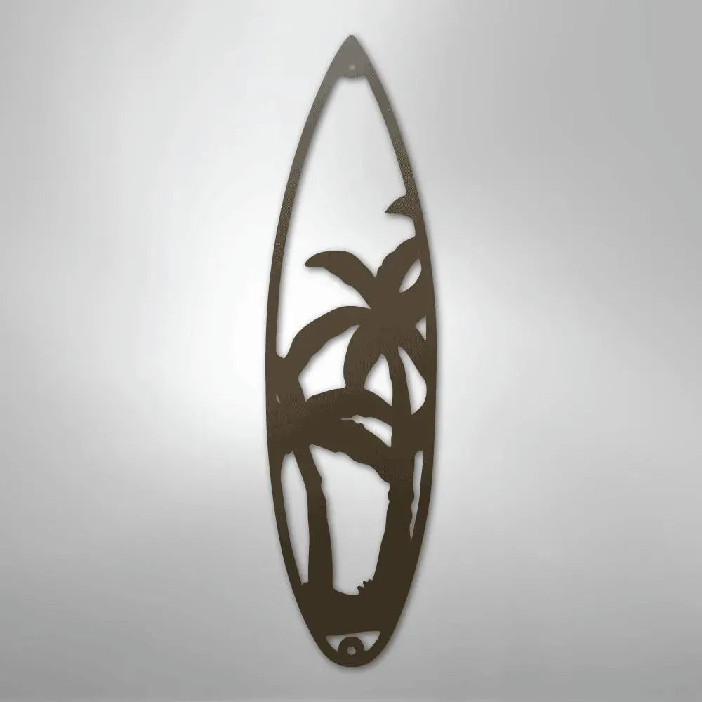 Brown metal surfboard wall art with palm tree cutouts, perfect for indoor/outdoor surfer decor.