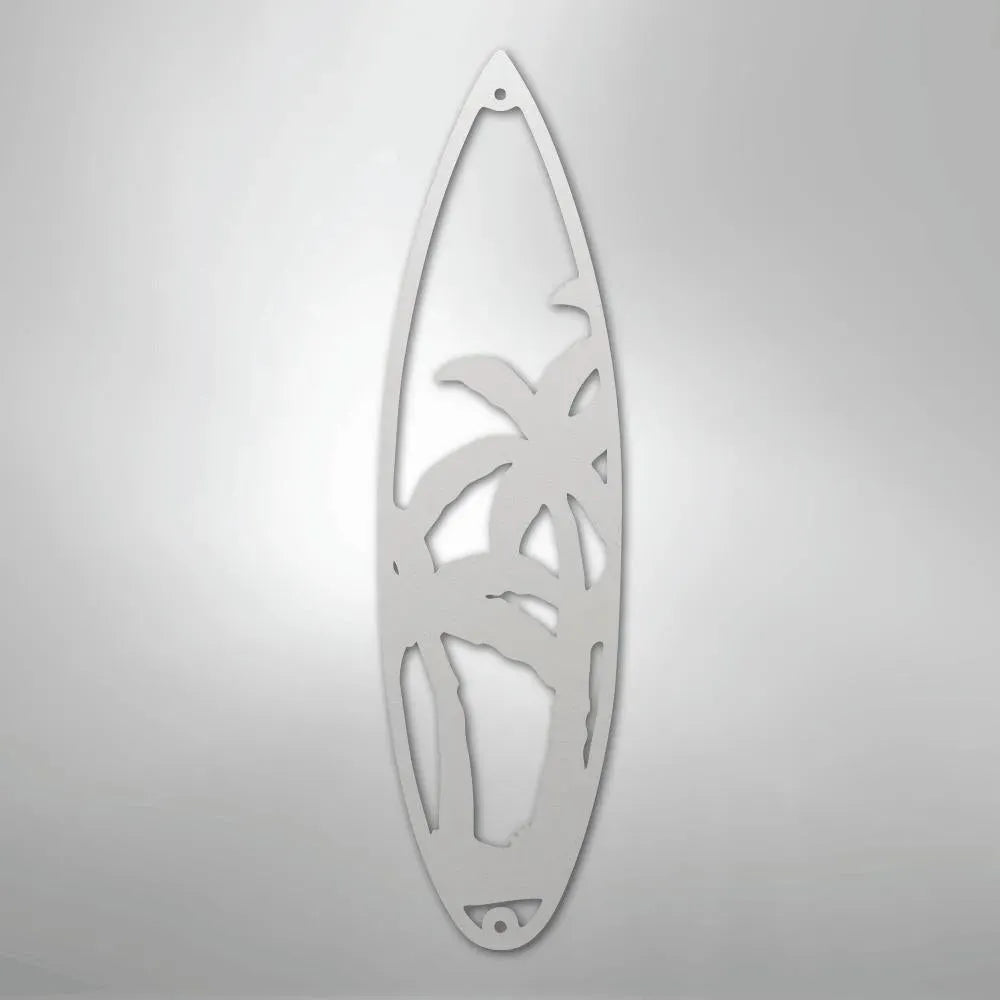 White metal surfboard wall art with palm tree cutouts, powder-coated for indoor/outdoor decor.