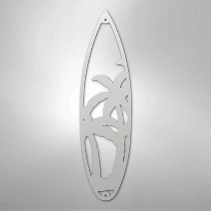 White metal surfboard wall art with palm tree cutouts, powder-coated for indoor/outdoor decor.