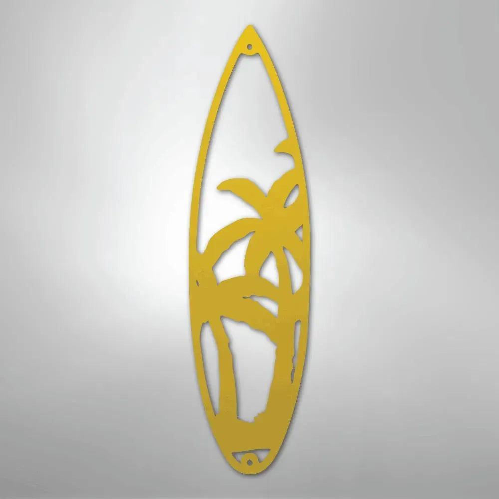 Yellow metal surfboard wall art with palm tree cutouts, powder-coated for indoor/outdoor decor.