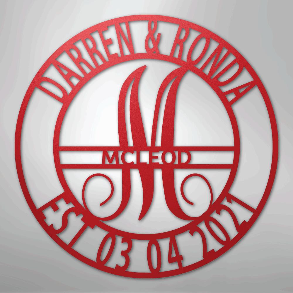 Red metal wall art with "Darren & Ronda," "McLeod," "Est. 03 04 2021," and a large "M" in a circular design.