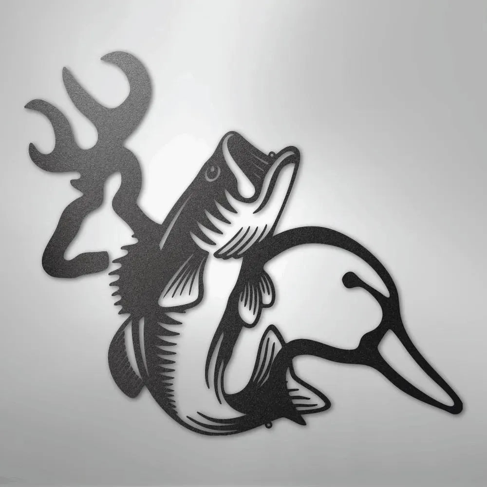 Black metal wall art featuring deer antlers, a bass fish, and a duck silhouette.