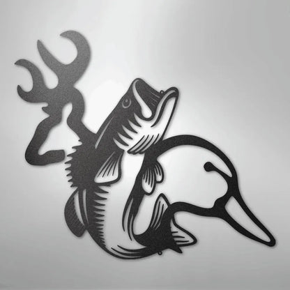 Black metal wall art featuring deer antlers, a bass fish, and a duck silhouette.