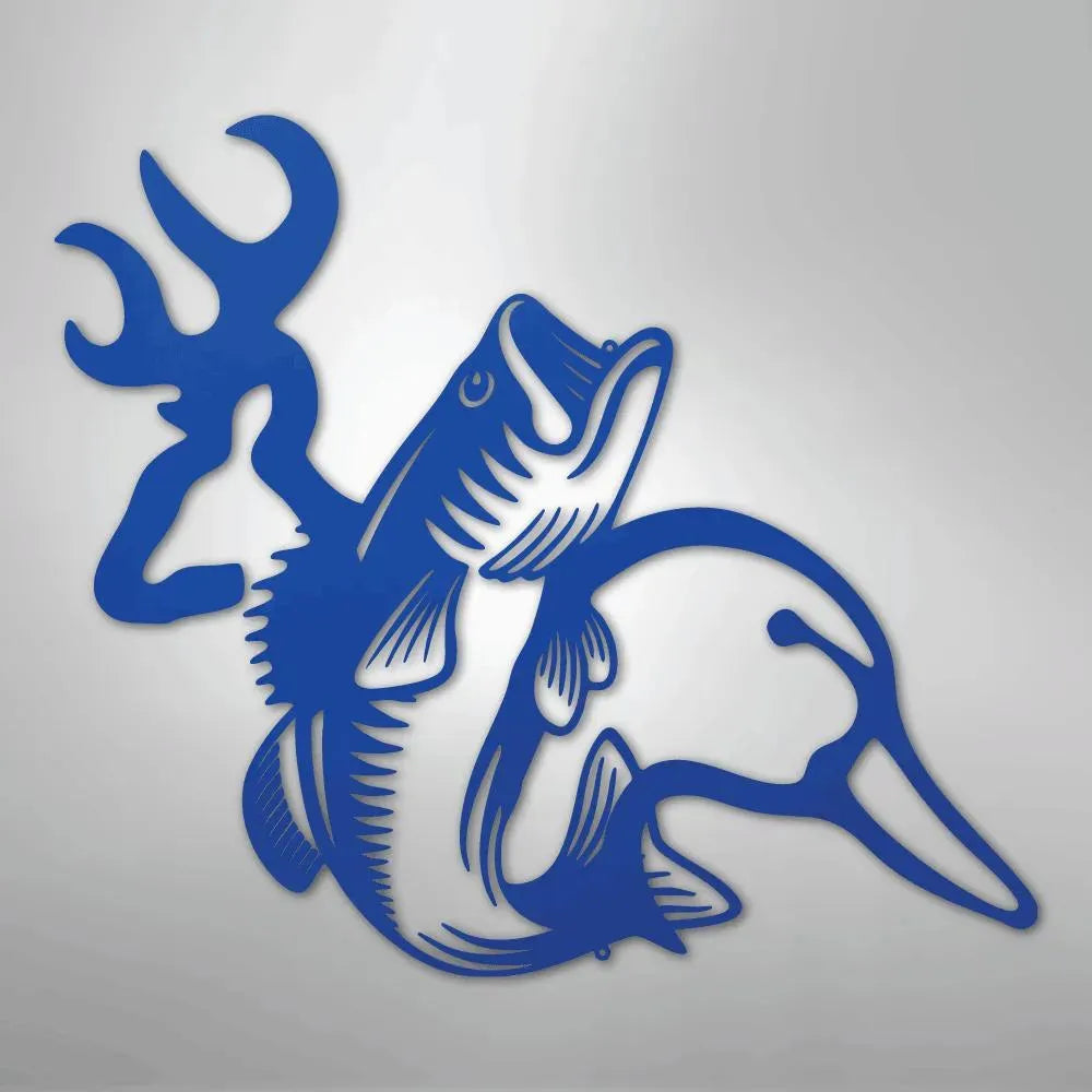 Blue metal wall art featuring a deer antler, bass fish, and duck silhouette design.