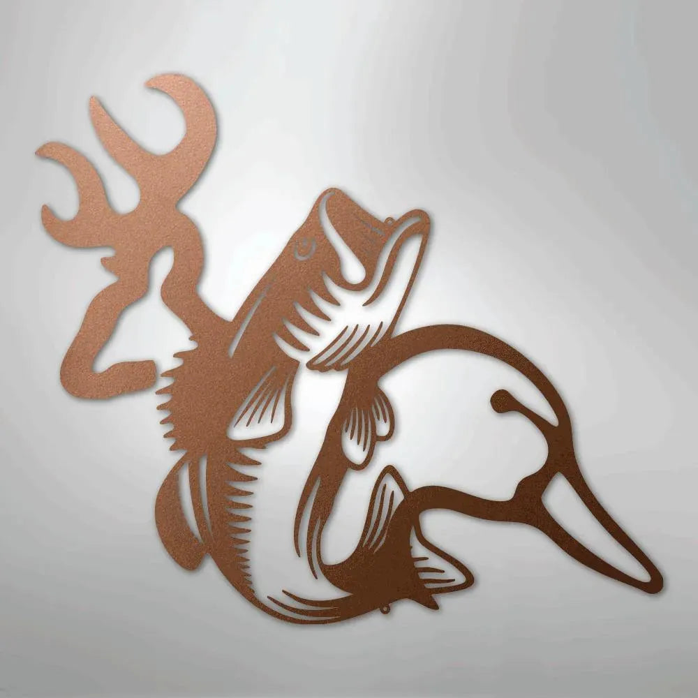 Bronze metal wall art featuring a deer antler, jumping bass, and duck silhouette.