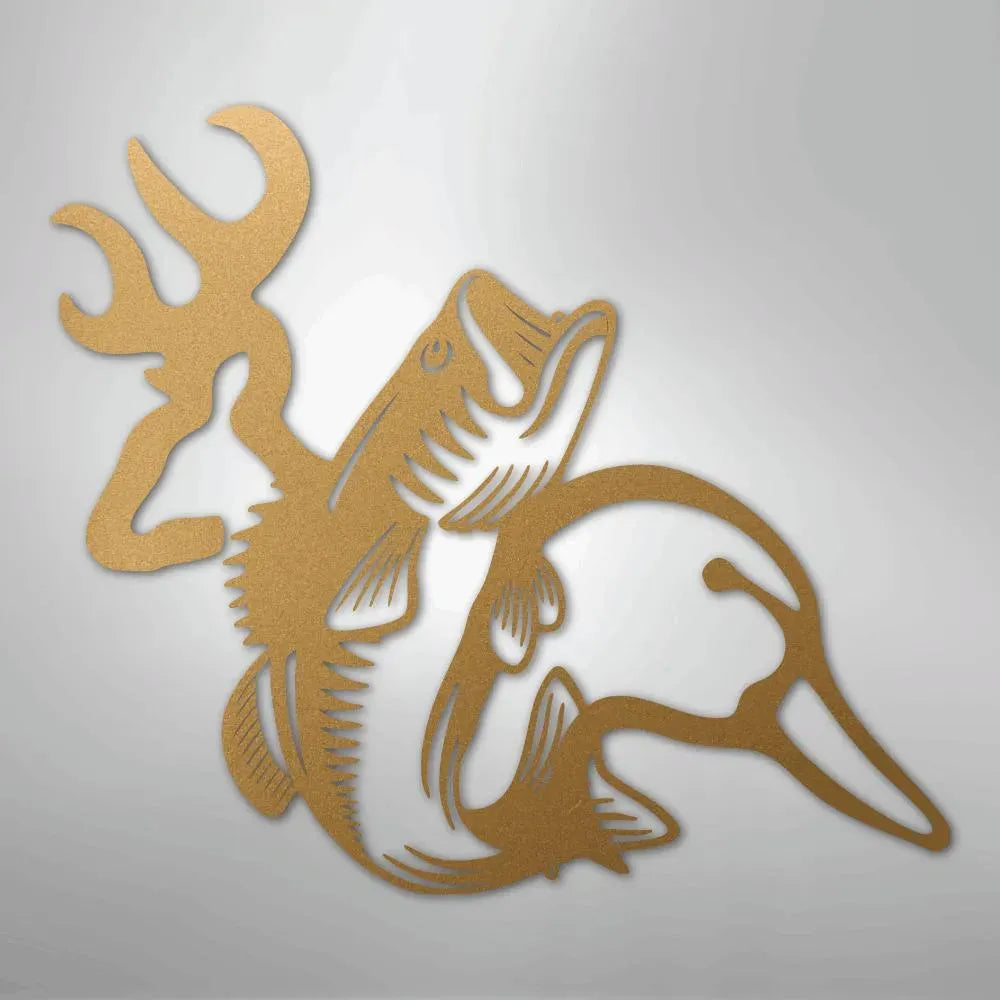 Gold metal wall art featuring a deer antler, bass fish, and duck silhouette.