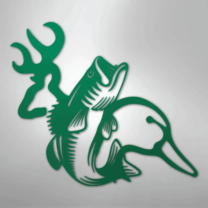 Green metal wall art featuring a deer antler, jumping bass, and duck head silhouette.