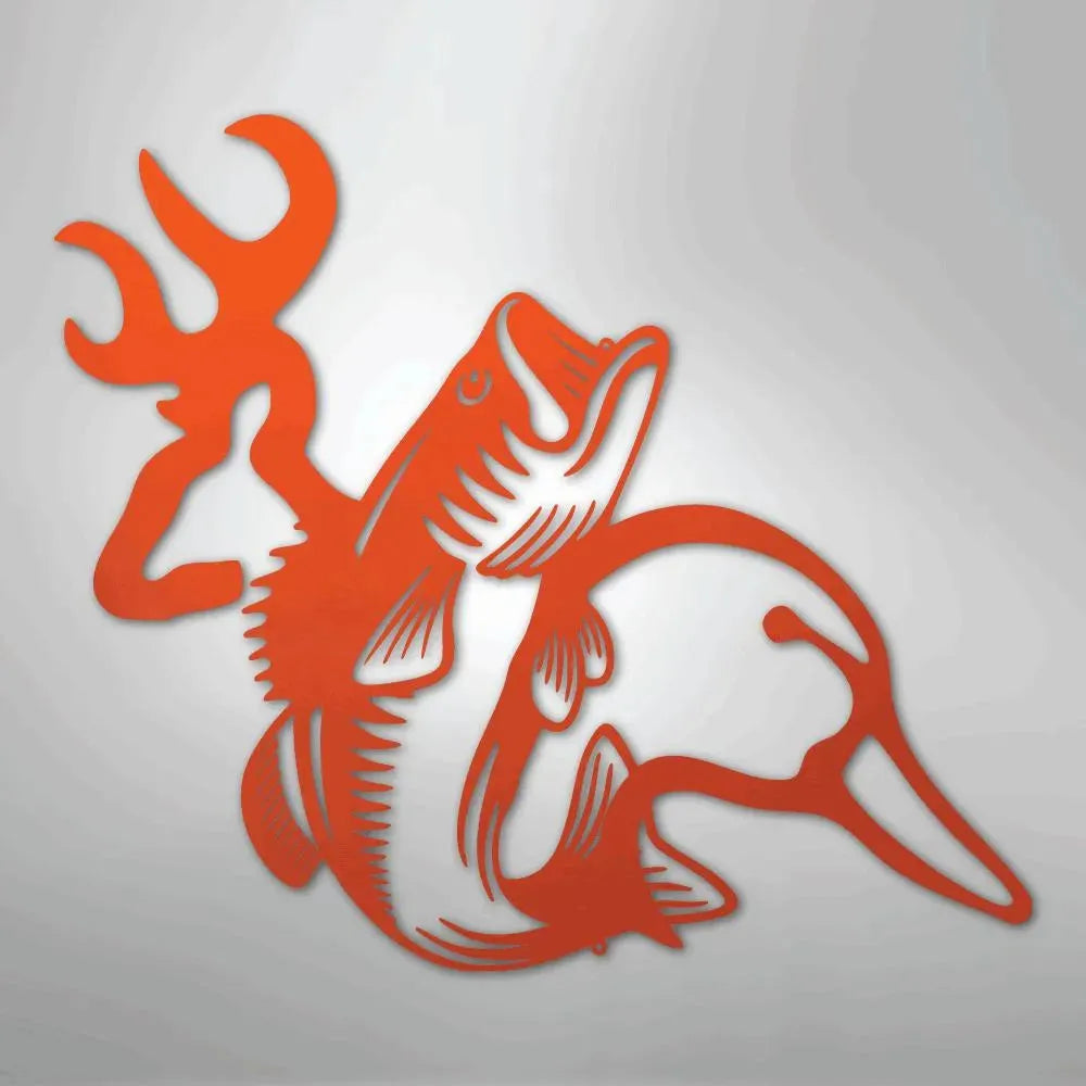 Orange metal wall art featuring a deer head silhouette, a bass fish, and a duck, perfect for wildlife decor.