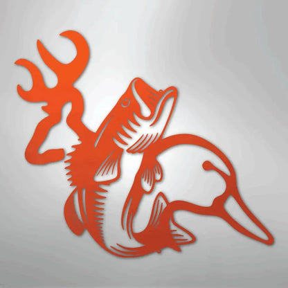 Orange metal wall art featuring a deer head silhouette, a bass fish, and a duck, perfect for wildlife decor.