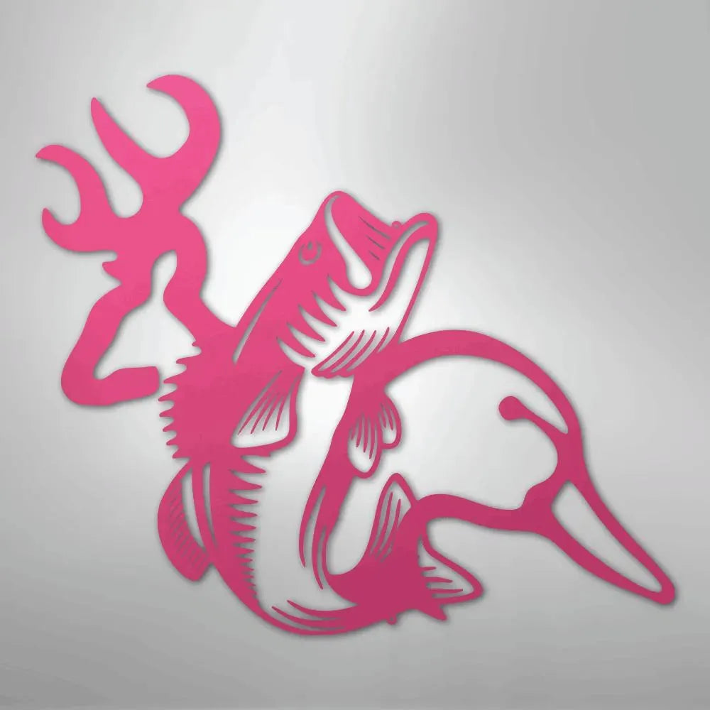 Pink metal wall art featuring a deer antler, bass fish, and duck silhouette design.