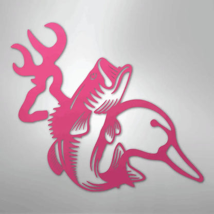 Pink metal wall art featuring a deer antler, bass fish, and duck silhouette design.