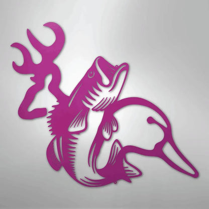 Pink metal wall art featuring a deer antler, bass fish, and duck silhouette design.