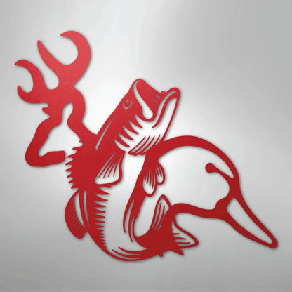 Red metal wall art featuring a deer head with antlers, a bass fish, and a duck.